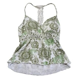 Vintage Y2K Baby Doll Cami Tank Top Large Green Floral Crochet Racerback Peplum